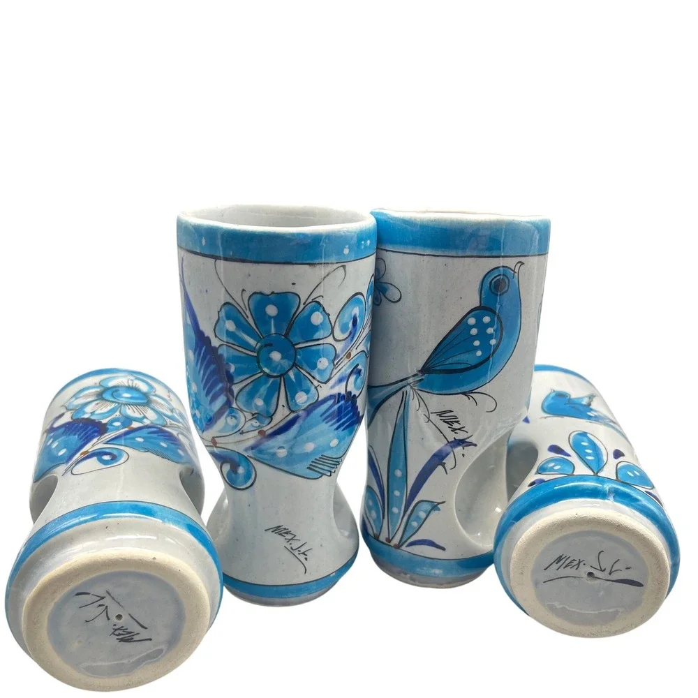 4 Tonala Pierced Tumblers Blue Bird , Flowers Hand Painted Vtg Mexico‎ Pottery
